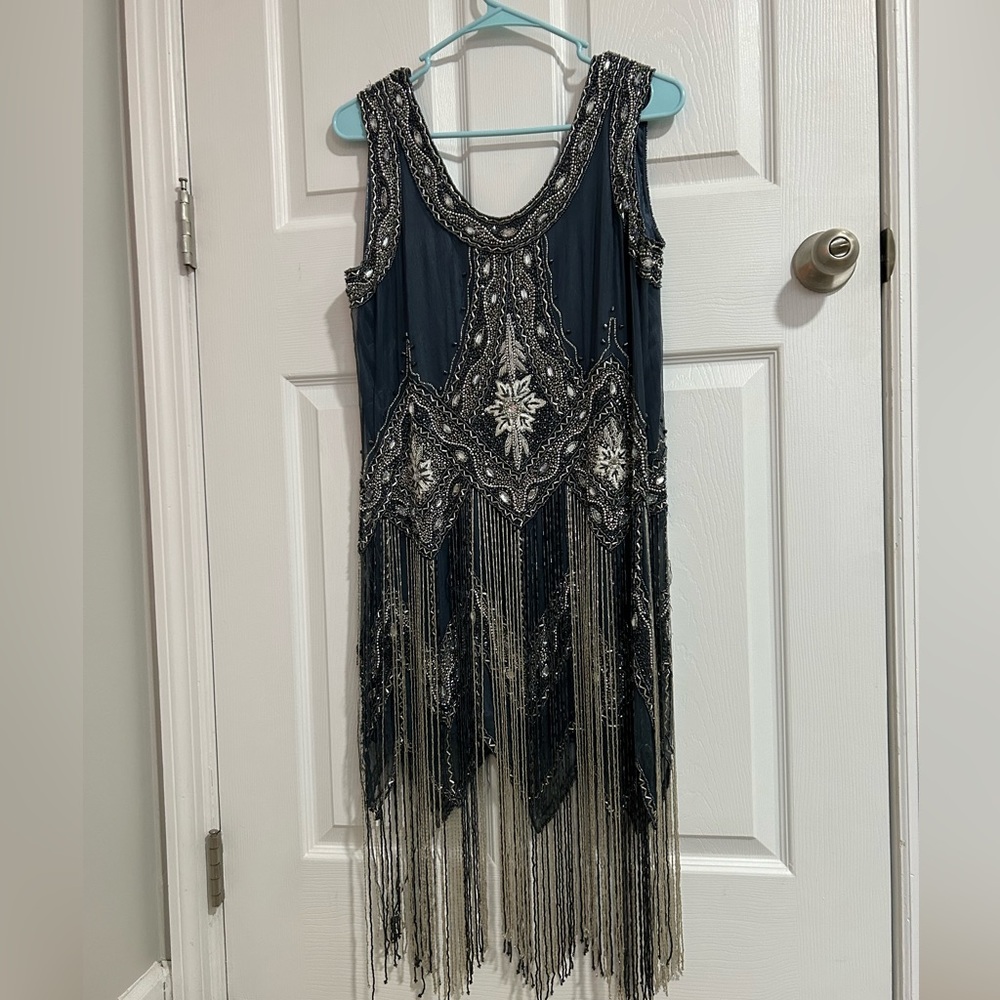 Dress Flapper Deco Art 1920 Women's Beaded Sleeve Dresses Cocktail Waist 32